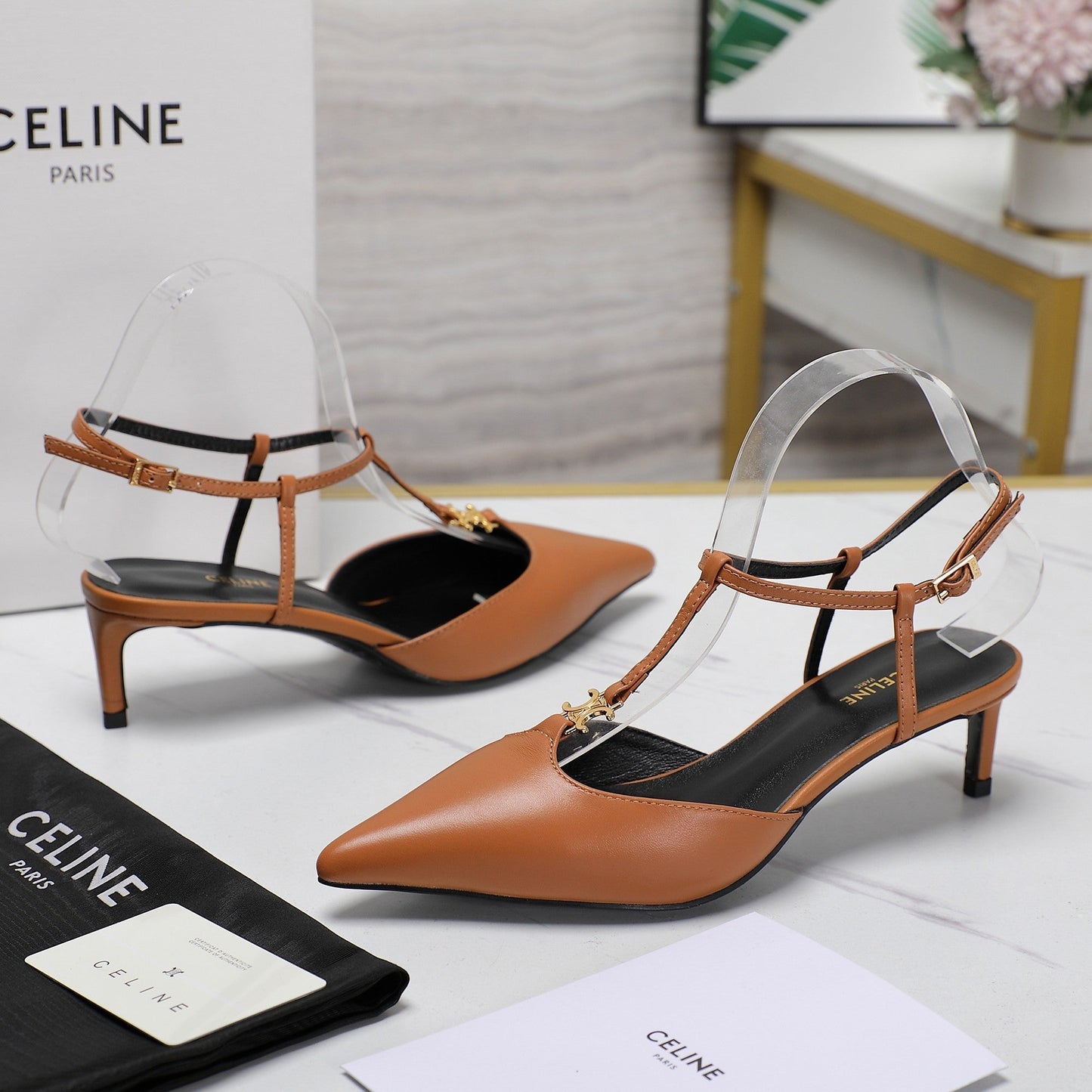 HIGH 5 CM SLINGBACK IN CINNAMON BROWN CALFSKIN WITH GOLD LOGO - 35