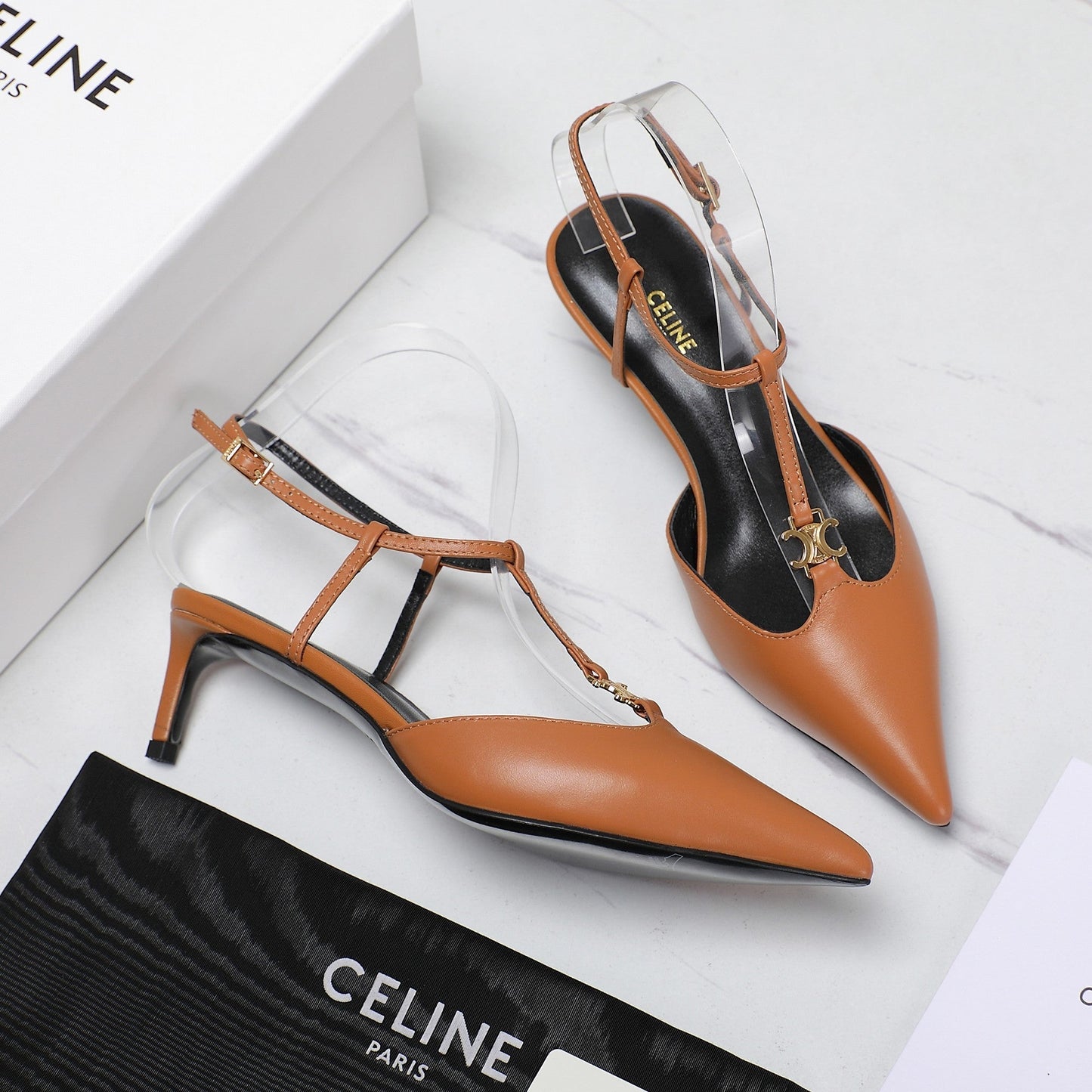 HIGH 5 CM SLINGBACK IN CINNAMON BROWN CALFSKIN WITH GOLD LOGO - 35