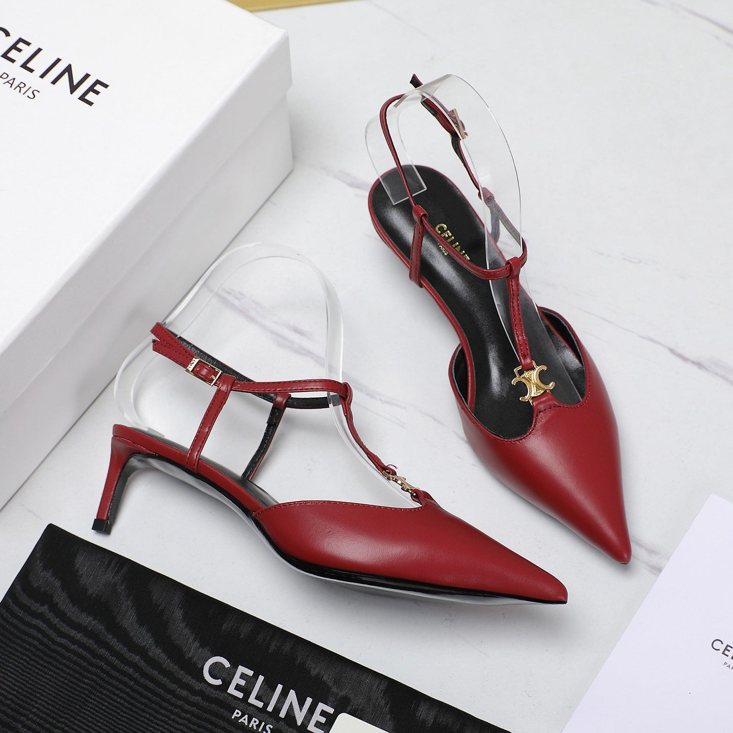 HIGH 5 CM SLINGBACK IN CHERRY RED CALFSKIN WITH GOLD LOGO - 35