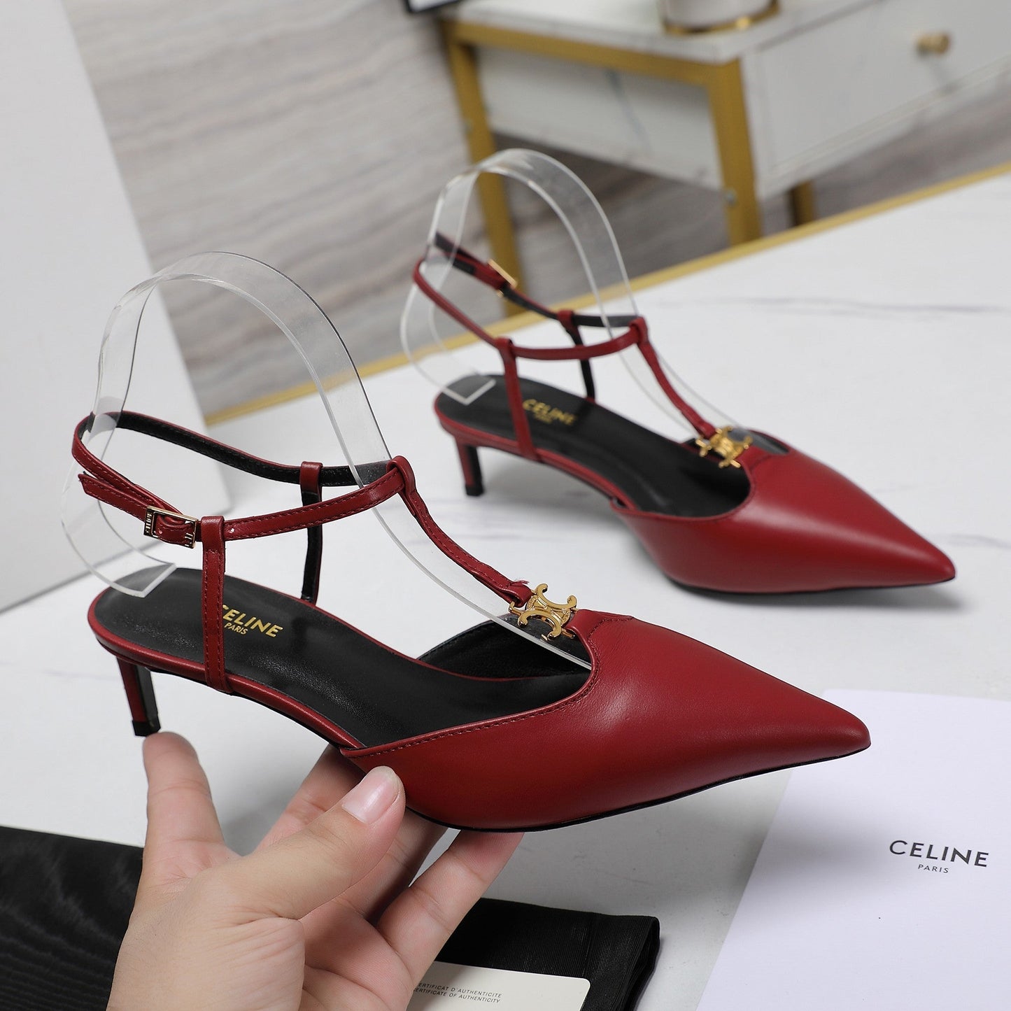 HIGH 5 CM SLINGBACK IN CHERRY RED CALFSKIN WITH GOLD LOGO - 35