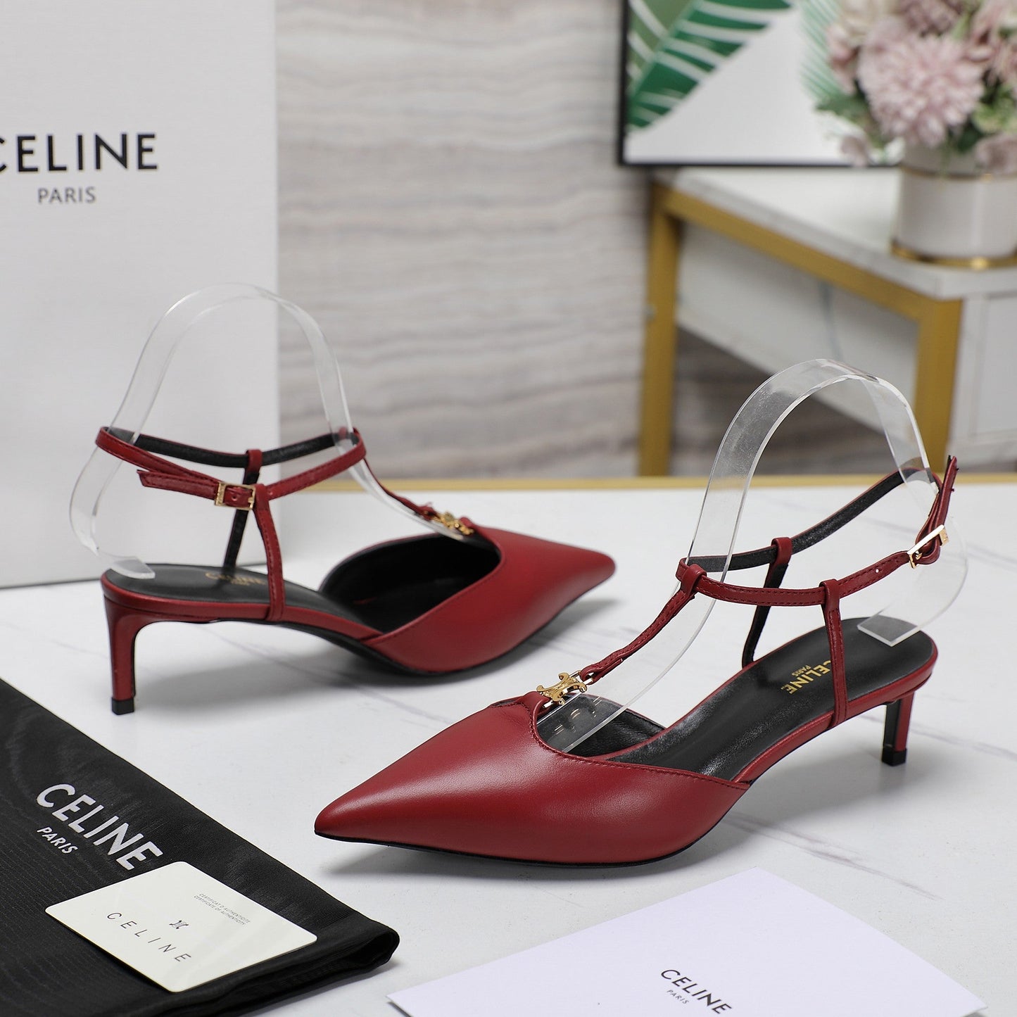 HIGH 5 CM SLINGBACK IN CHERRY RED CALFSKIN WITH GOLD LOGO - 35