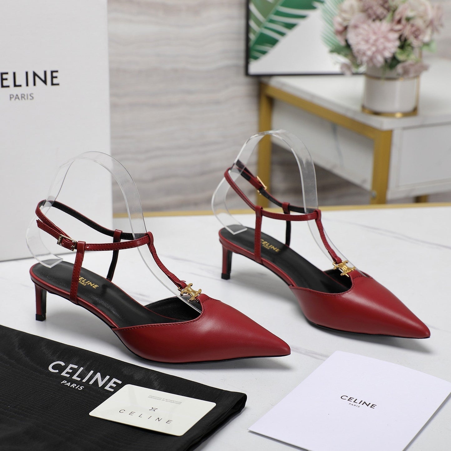 HIGH 5 CM SLINGBACK IN CHERRY RED CALFSKIN WITH GOLD LOGO - 35