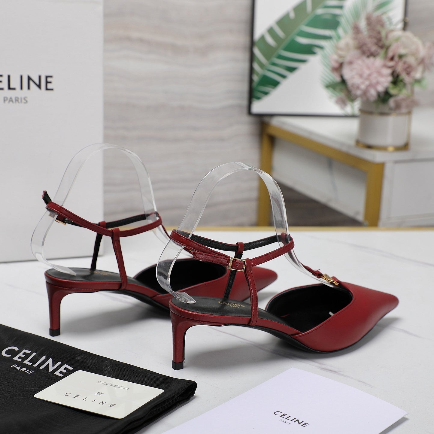 HIGH 5 CM SLINGBACK IN CHERRY RED CALFSKIN WITH GOLD LOGO - 35