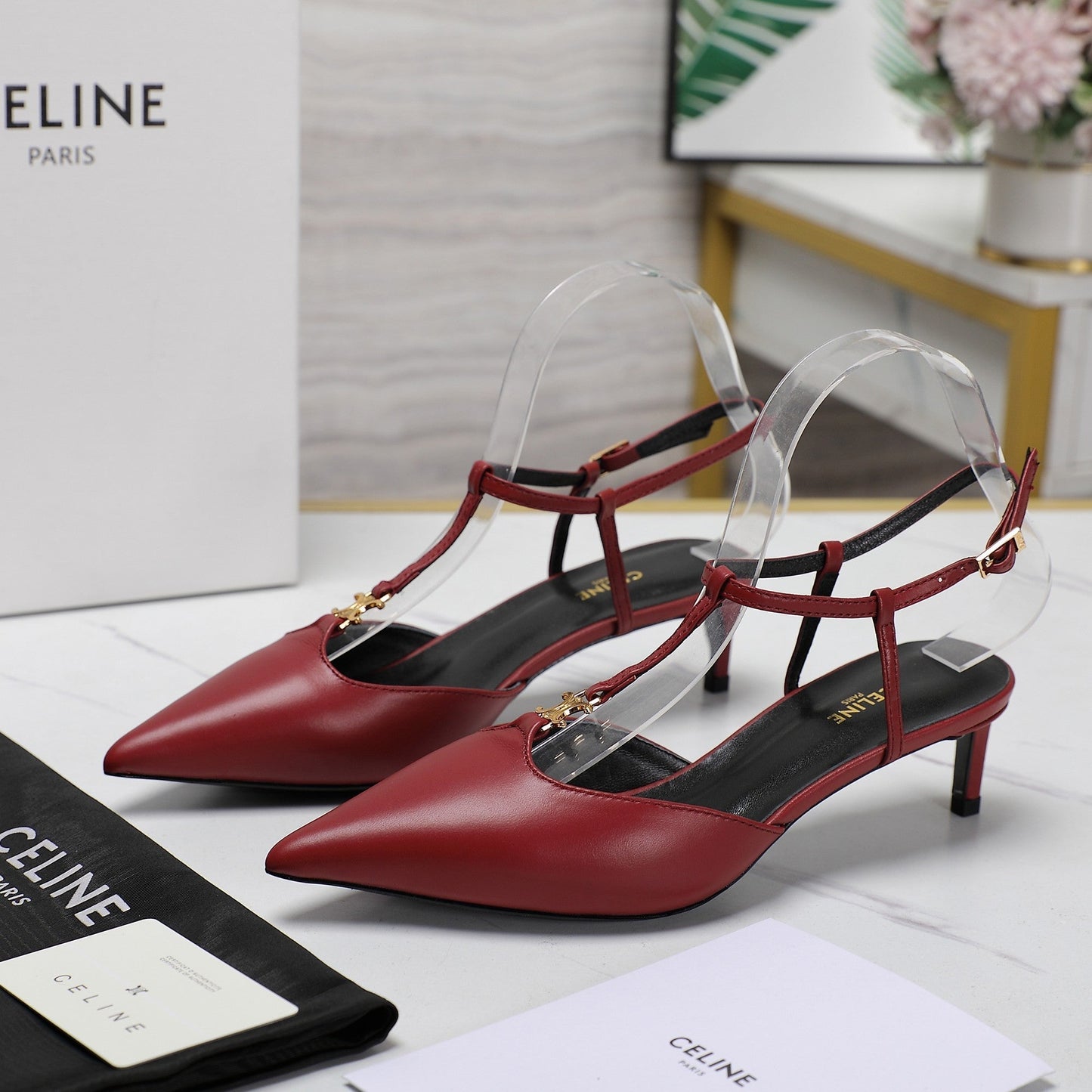HIGH 5 CM SLINGBACK IN CHERRY RED CALFSKIN WITH GOLD LOGO - 35