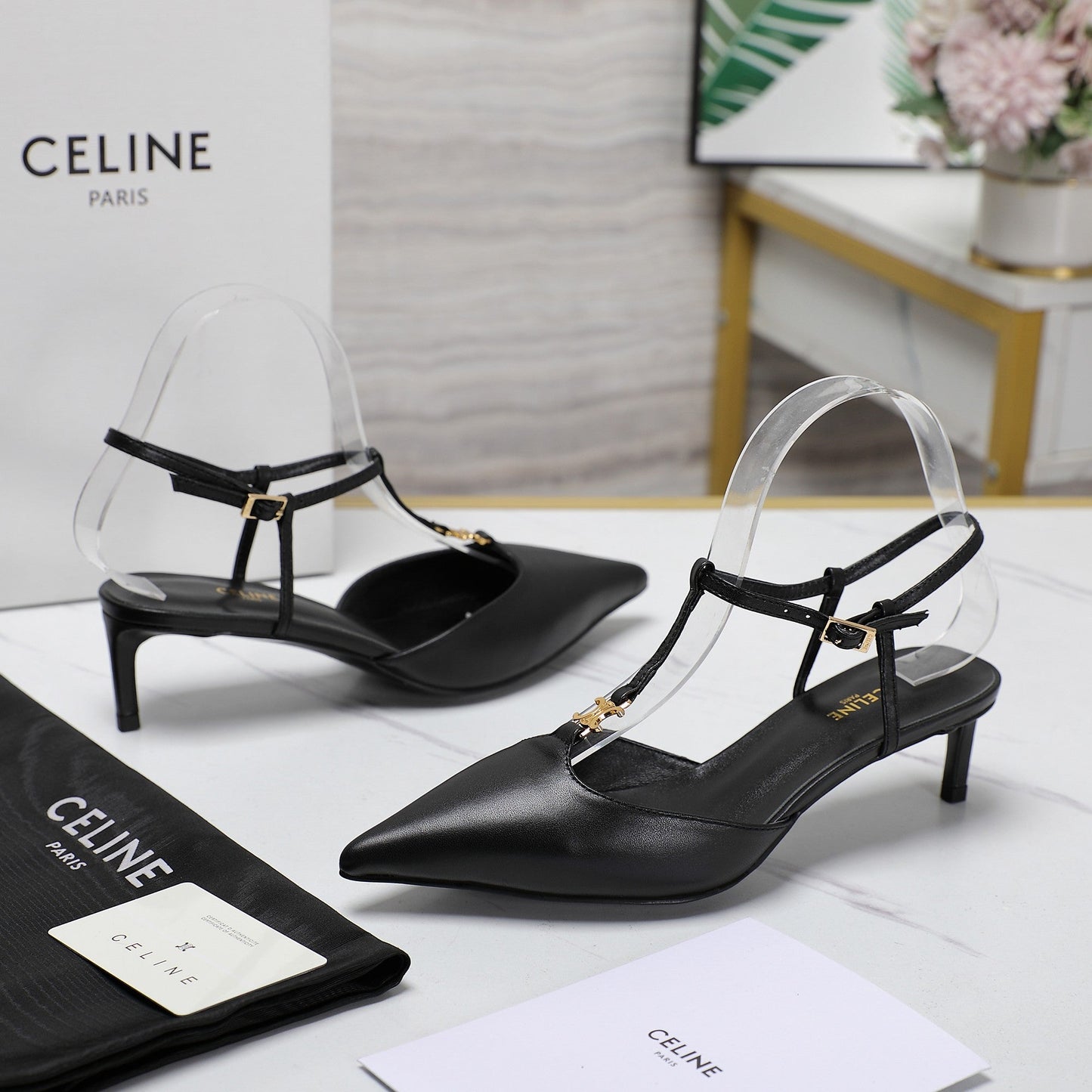 HIGH 5 CM SLINGBACK IN BLACK CALFSKIN WITH GOLD LOGO - 35