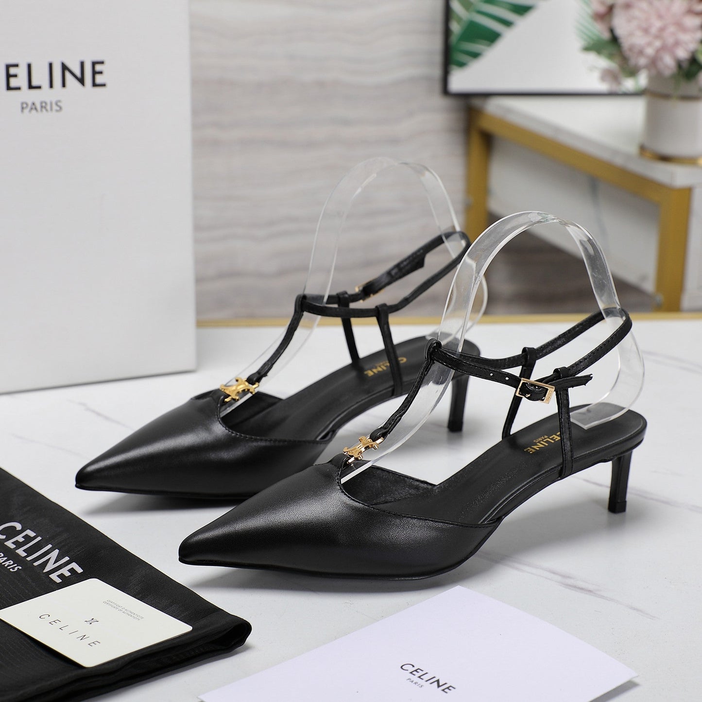 HIGH 5 CM SLINGBACK IN BLACK CALFSKIN WITH GOLD LOGO - 35