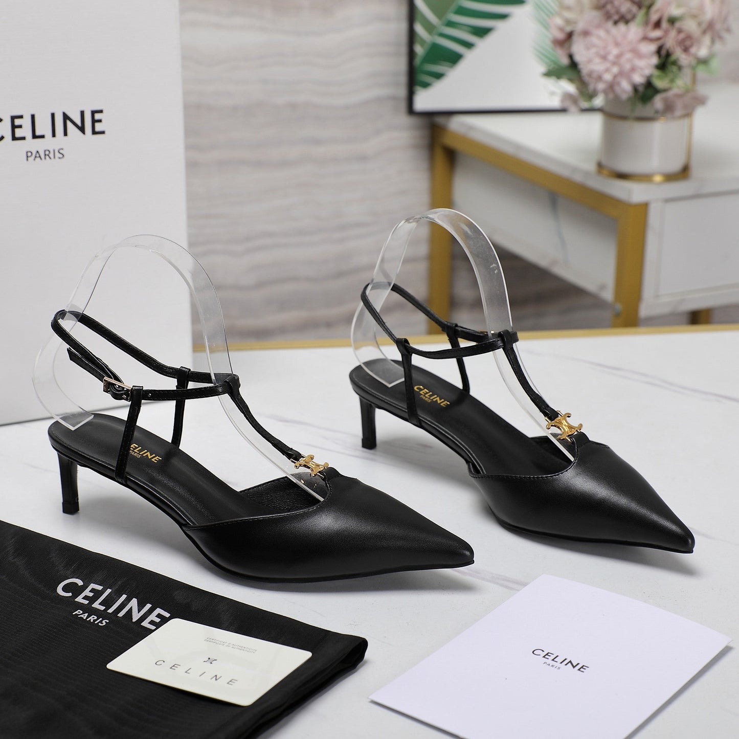 HIGH 5 CM SLINGBACK IN BLACK CALFSKIN WITH GOLD LOGO - 35