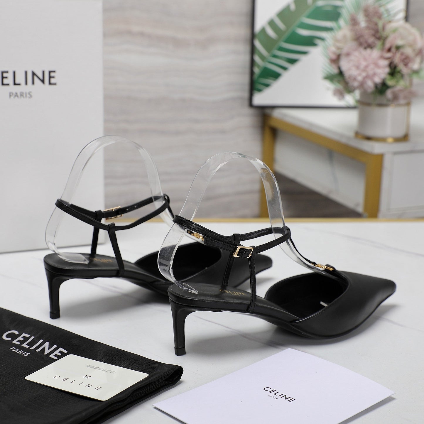 HIGH 5 CM SLINGBACK IN BLACK CALFSKIN WITH GOLD LOGO - 35
