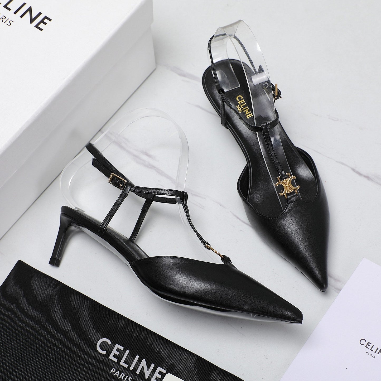 HIGH 5 CM SLINGBACK IN BLACK CALFSKIN WITH GOLD LOGO - 35