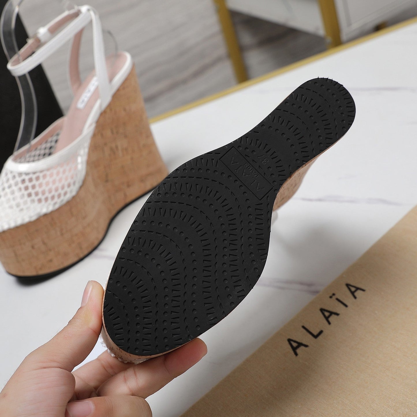 ALAIA WEDGE SANDAL IN WHITE MESH AND BEIGE RUBBER - 35