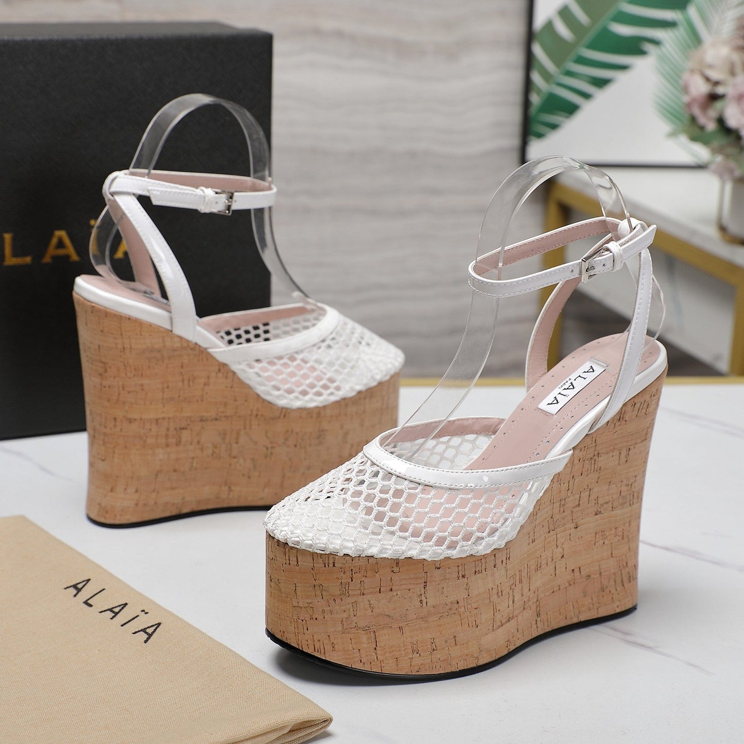 ALAIA WEDGE SANDAL IN WHITE MESH AND BEIGE RUBBER - 35