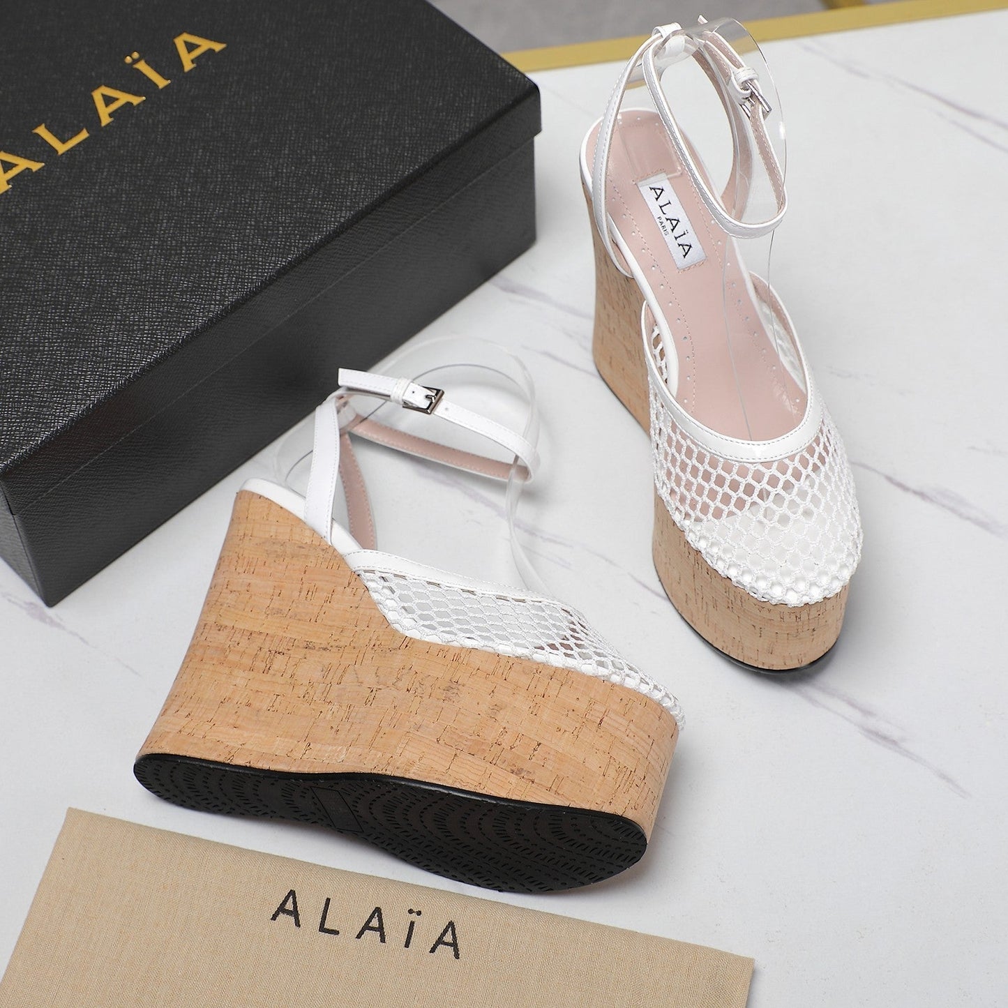 ALAIA WEDGE SANDAL IN WHITE MESH AND BEIGE RUBBER - 35