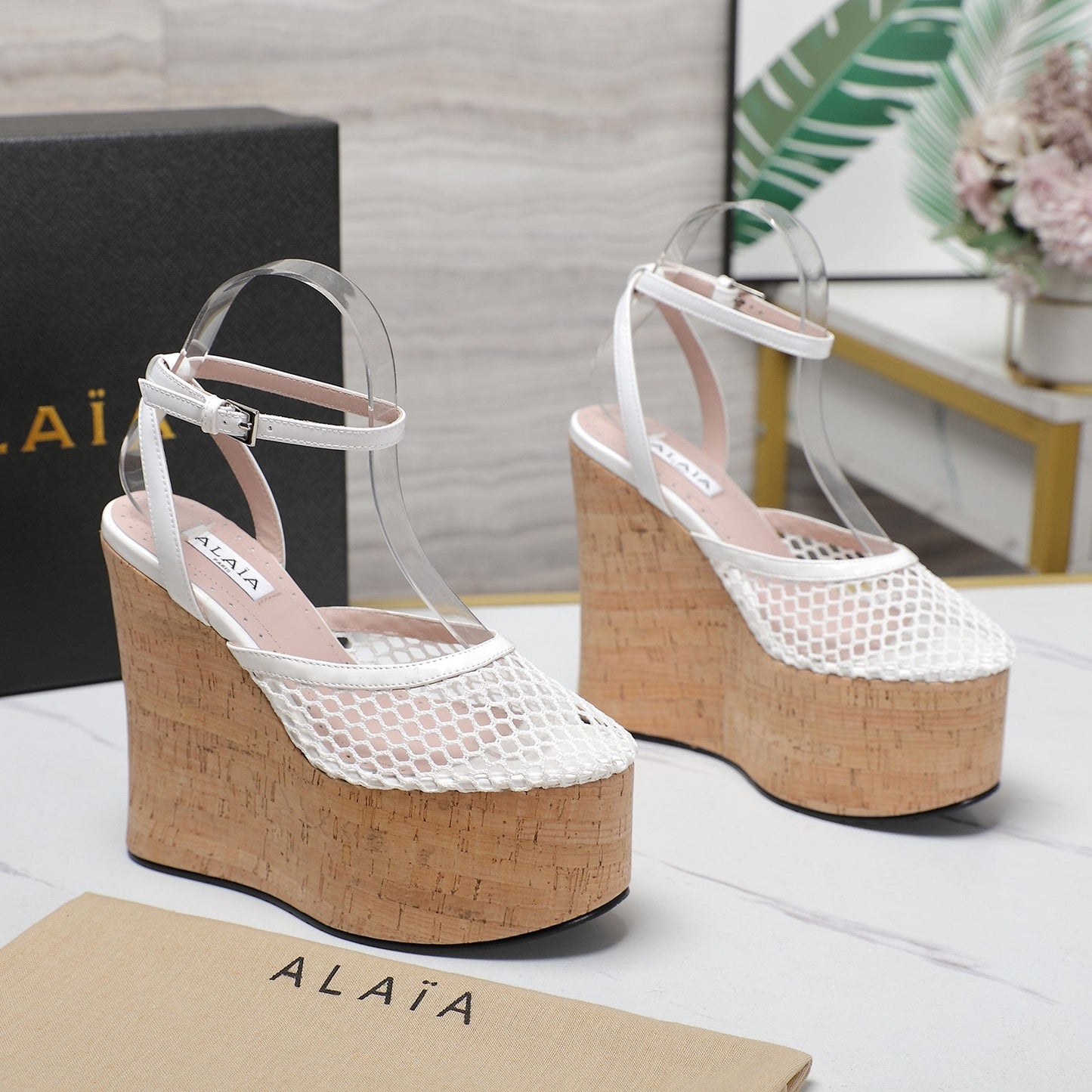 ALAIA WEDGE SANDAL IN WHITE MESH AND BEIGE RUBBER - 35