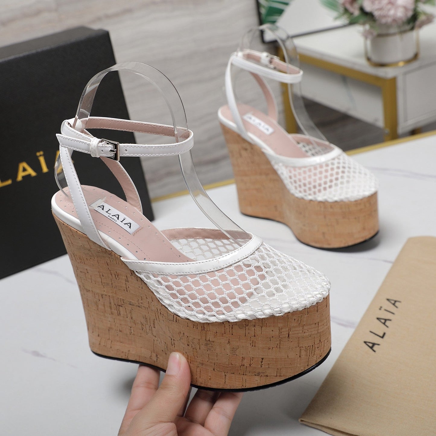 ALAIA WEDGE SANDAL IN WHITE MESH AND BEIGE RUBBER - 35