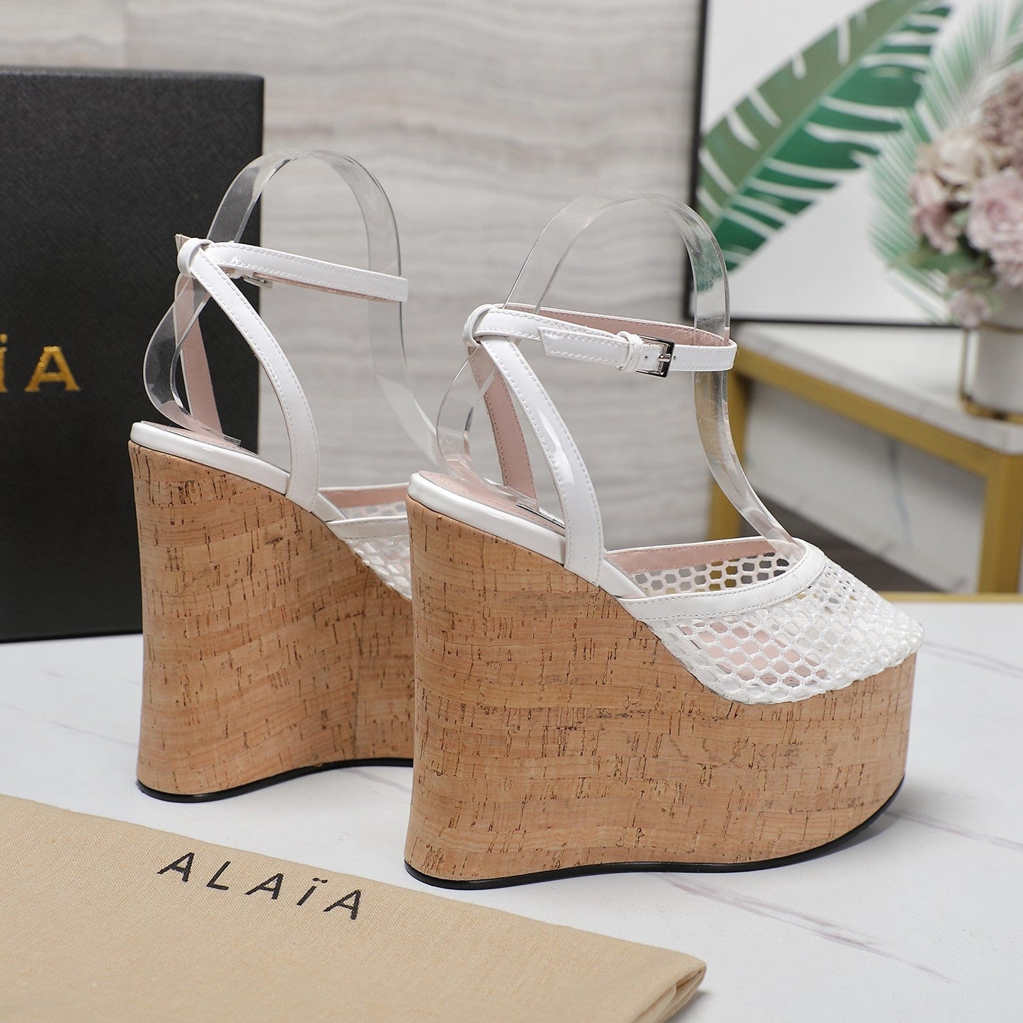 ALAIA WEDGE SANDAL IN WHITE MESH AND BEIGE RUBBER - 35