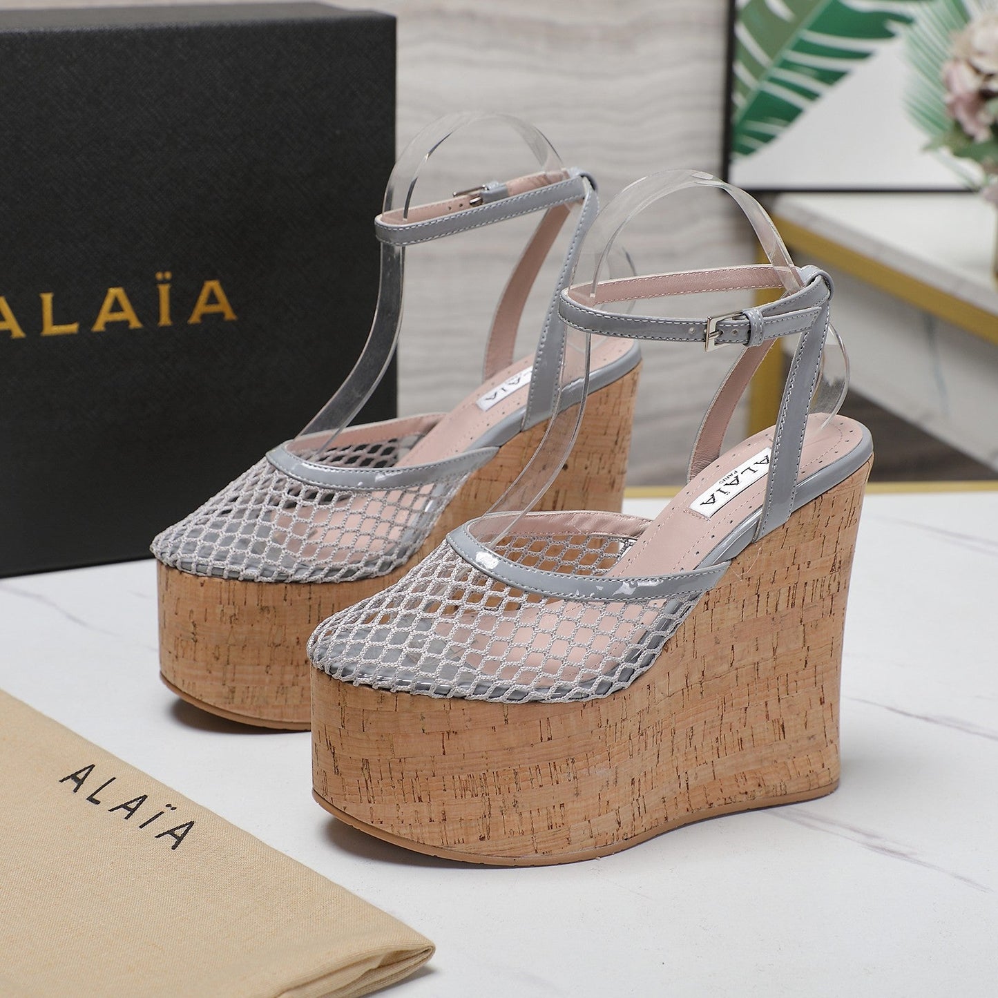 ALAIA WEDGE SANDAL IN LIGHT GREY MESH AND BEIGE RUBBER - 35