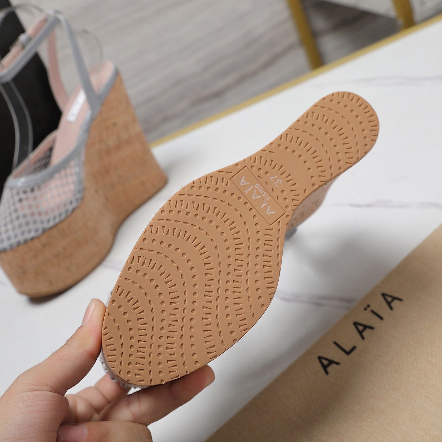 ALAIA WEDGE SANDAL IN LIGHT GREY MESH AND BEIGE RUBBER - 35