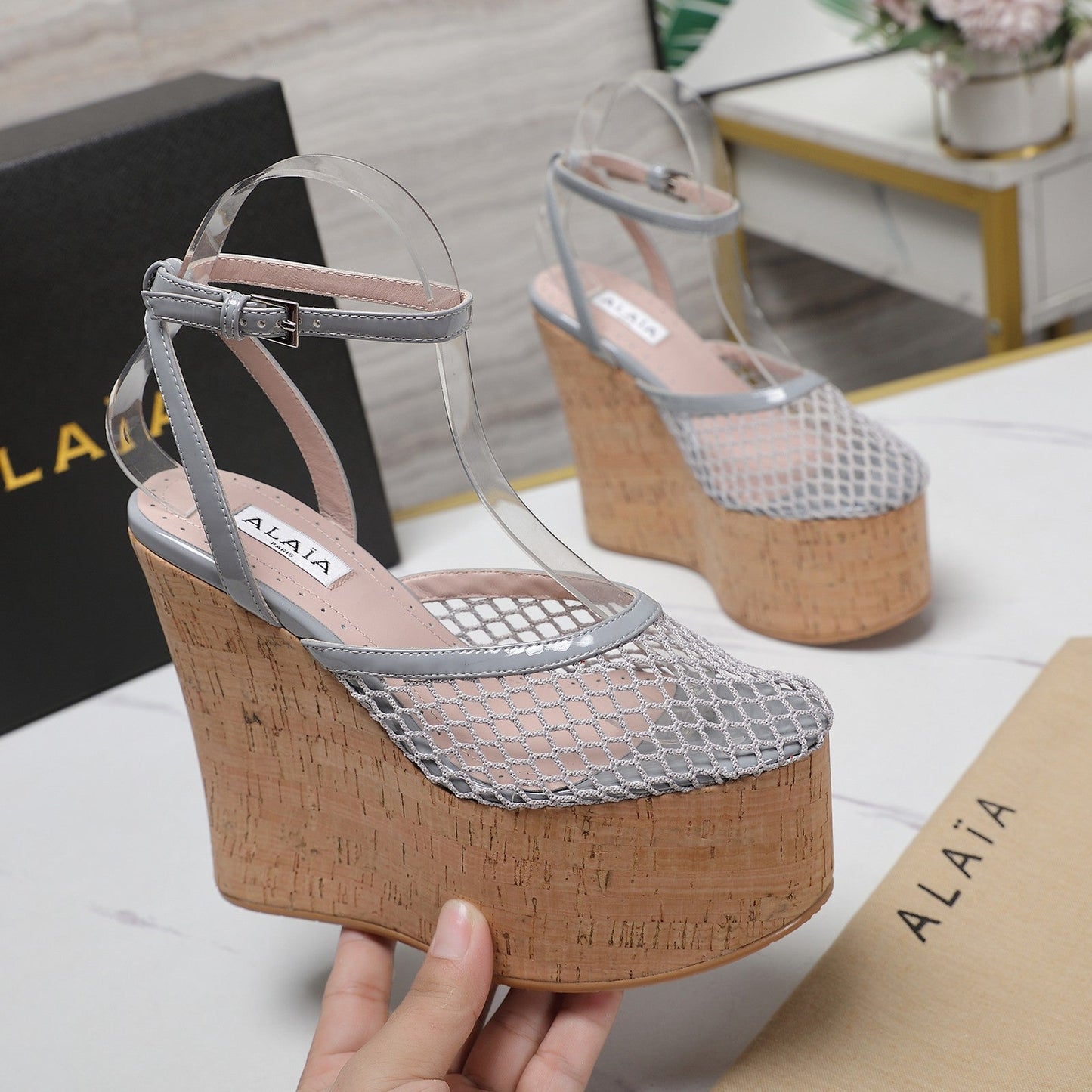 ALAIA WEDGE SANDAL IN LIGHT GREY MESH AND BEIGE RUBBER - 35