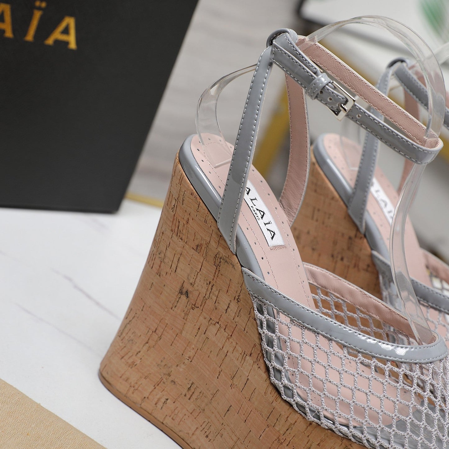 ALAIA WEDGE SANDAL IN LIGHT GREY MESH AND BEIGE RUBBER - 35