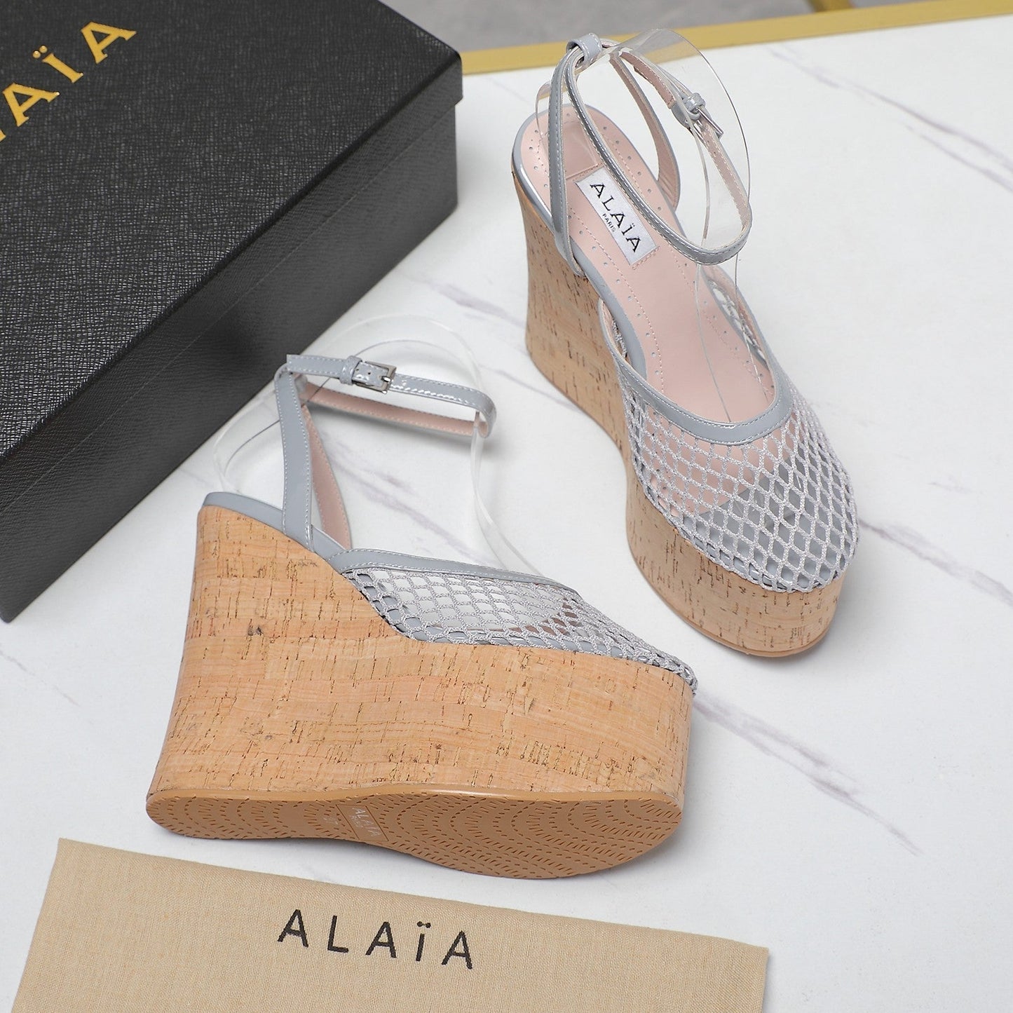 ALAIA WEDGE SANDAL IN LIGHT GREY MESH AND BEIGE RUBBER - 35