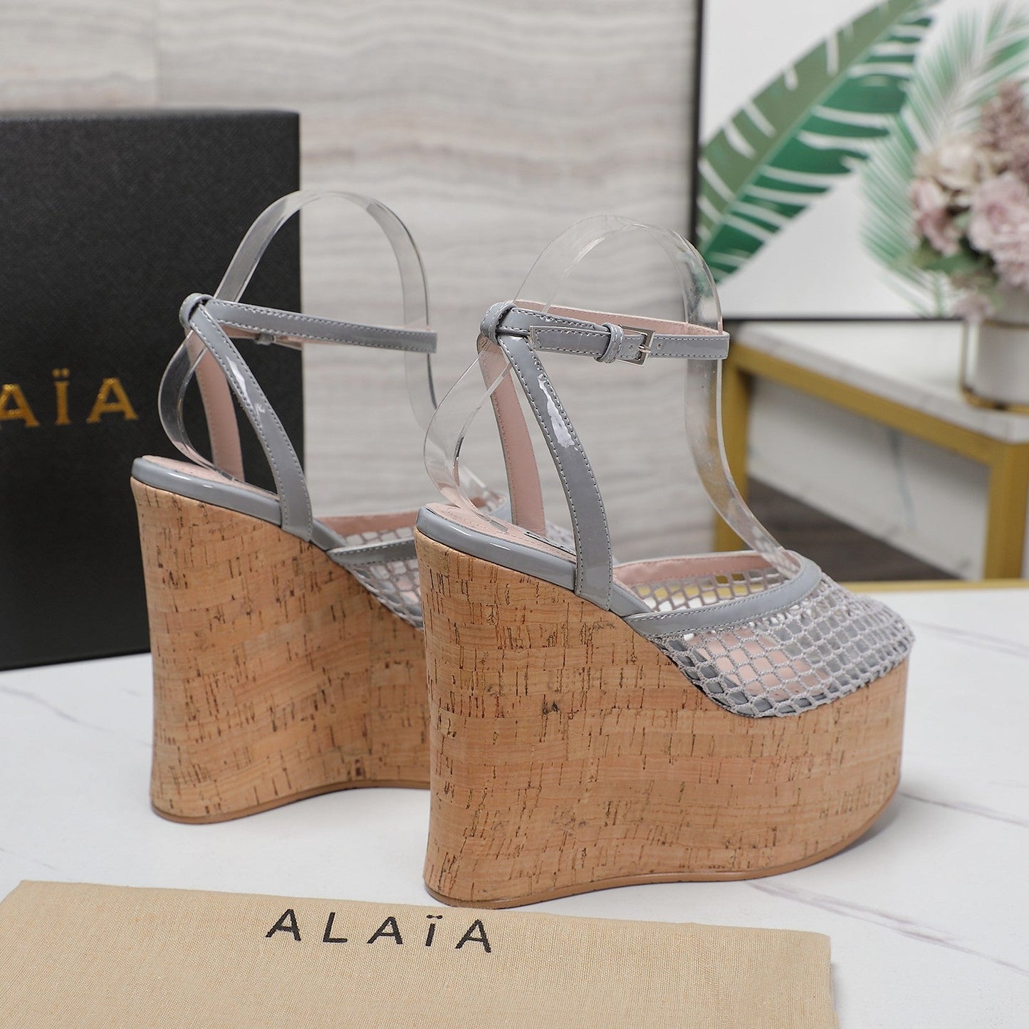 ALAIA WEDGE SANDAL IN LIGHT GREY MESH AND BEIGE RUBBER - 35
