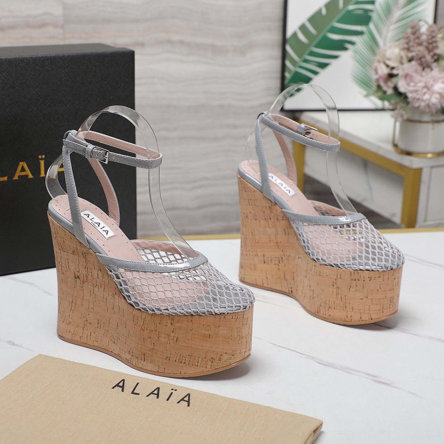 ALAIA WEDGE SANDAL IN LIGHT GREY MESH AND BEIGE RUBBER - 35