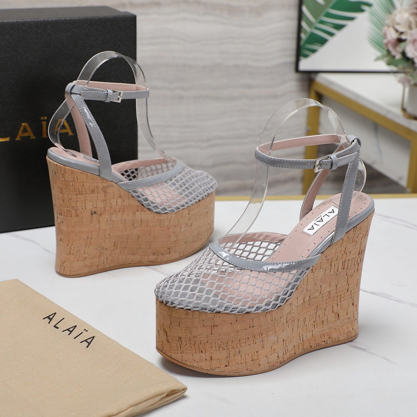 ALAIA WEDGE SANDAL IN LIGHT GREY MESH AND BEIGE RUBBER - 35