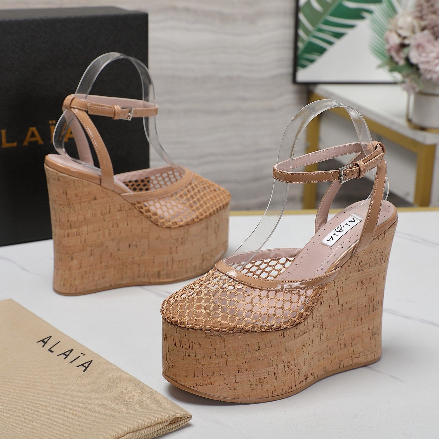 ALAIA WEDGE SANDAL IN FRENCH BEIGE MESH AND BEIGE RUBBER - 35