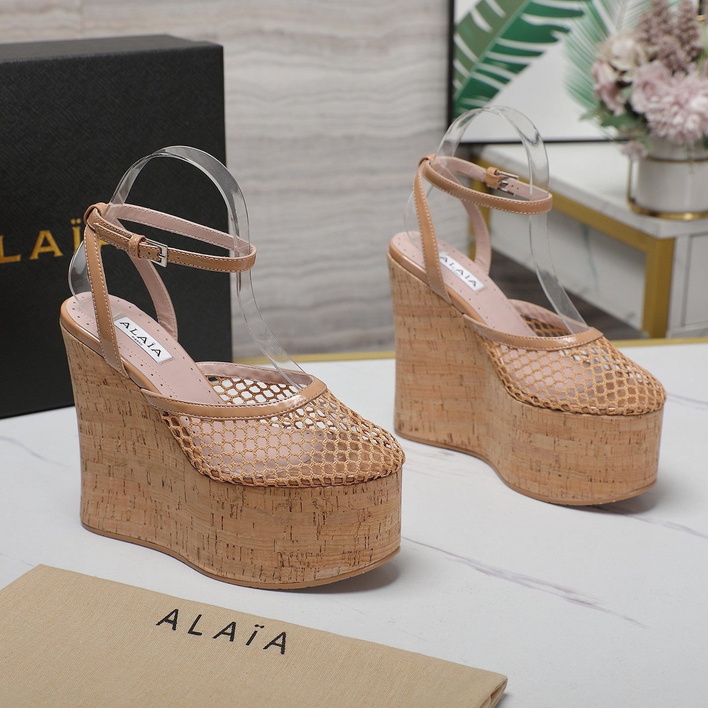 ALAIA WEDGE SANDAL IN FRENCH BEIGE MESH AND BEIGE RUBBER - 35