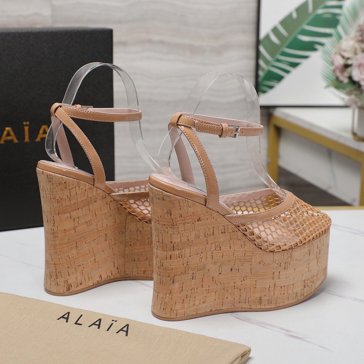 ALAIA WEDGE SANDAL IN FRENCH BEIGE MESH AND BEIGE RUBBER - 35