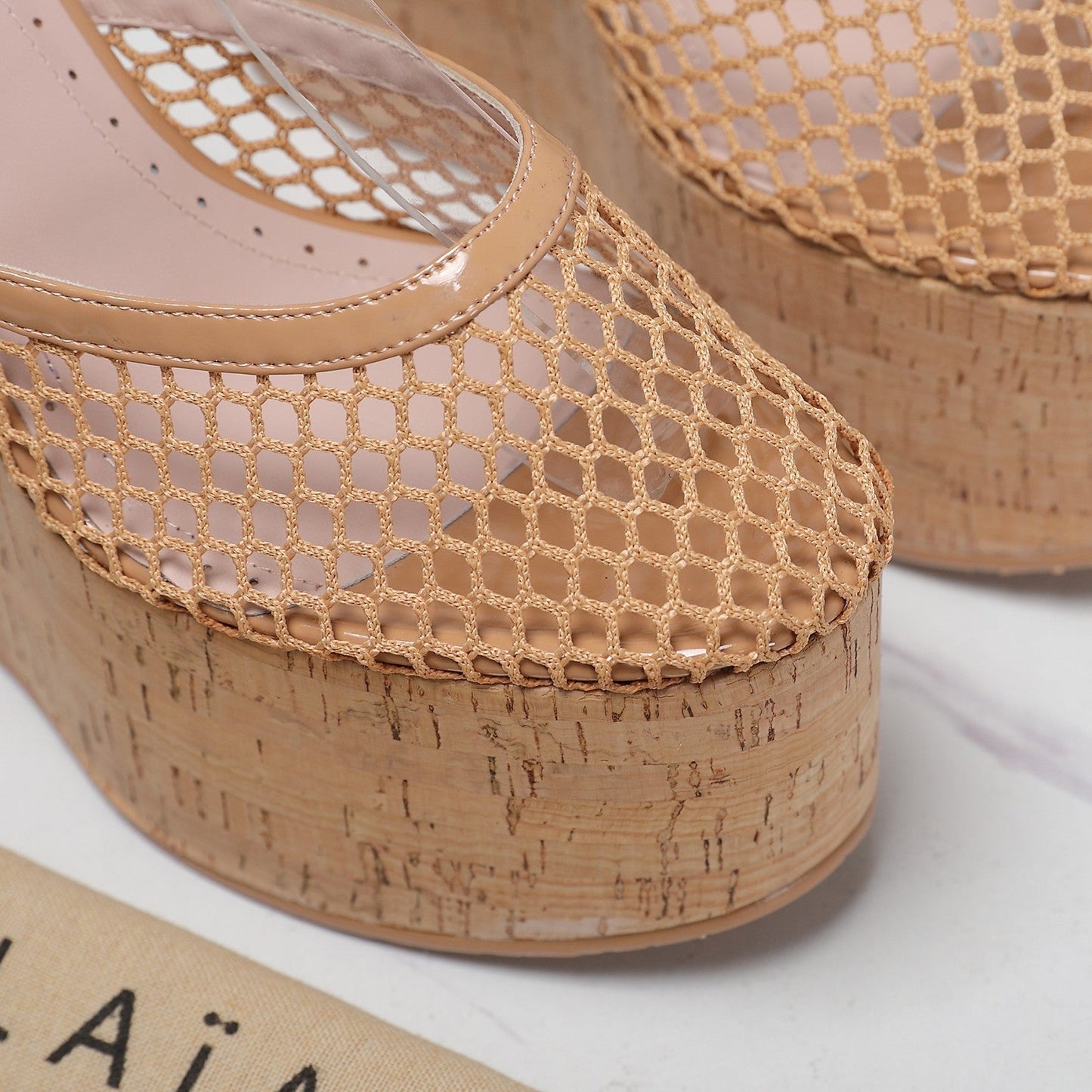 ALAIA WEDGE SANDAL IN FRENCH BEIGE MESH AND BEIGE RUBBER - 35
