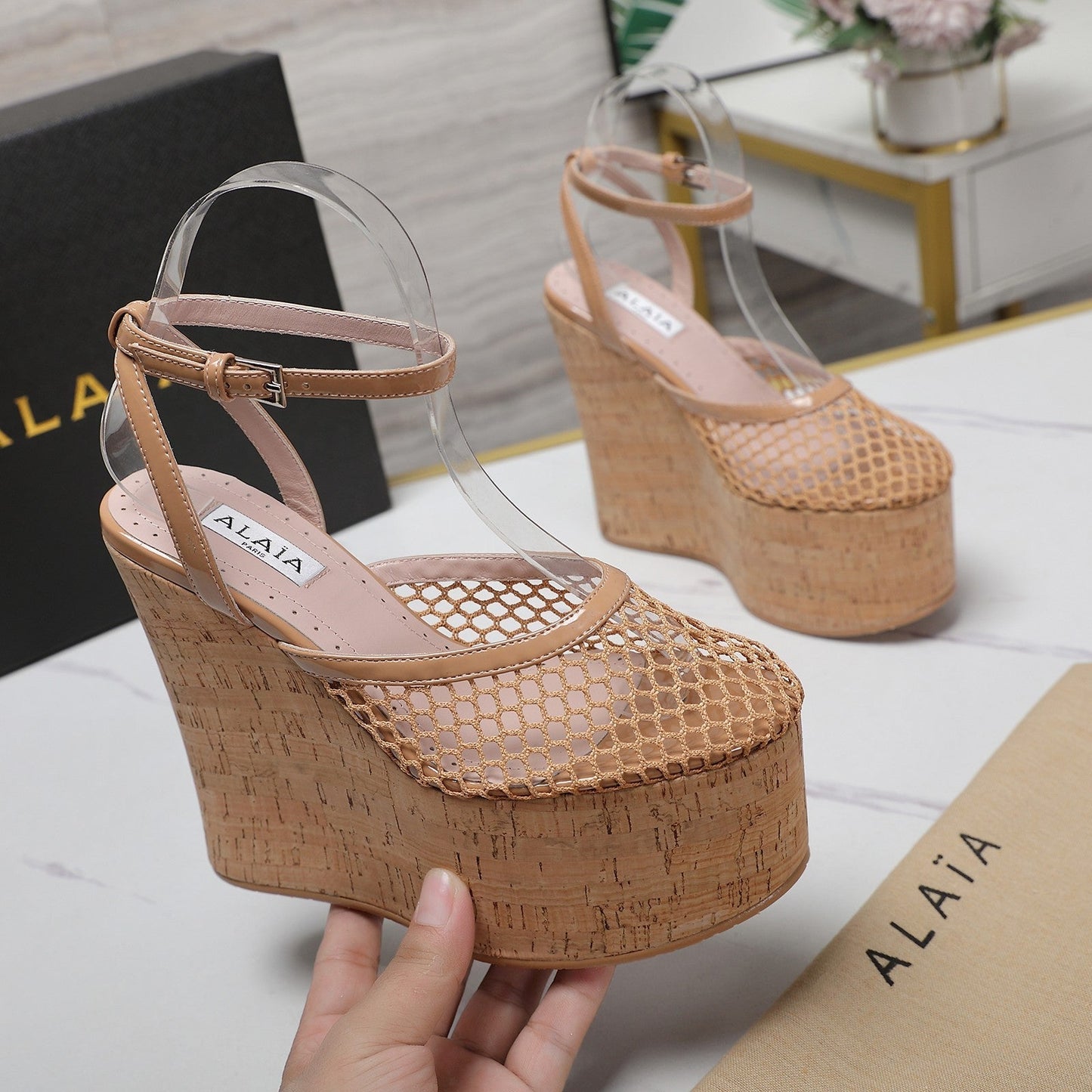ALAIA WEDGE SANDAL IN FRENCH BEIGE MESH AND BEIGE RUBBER - 35