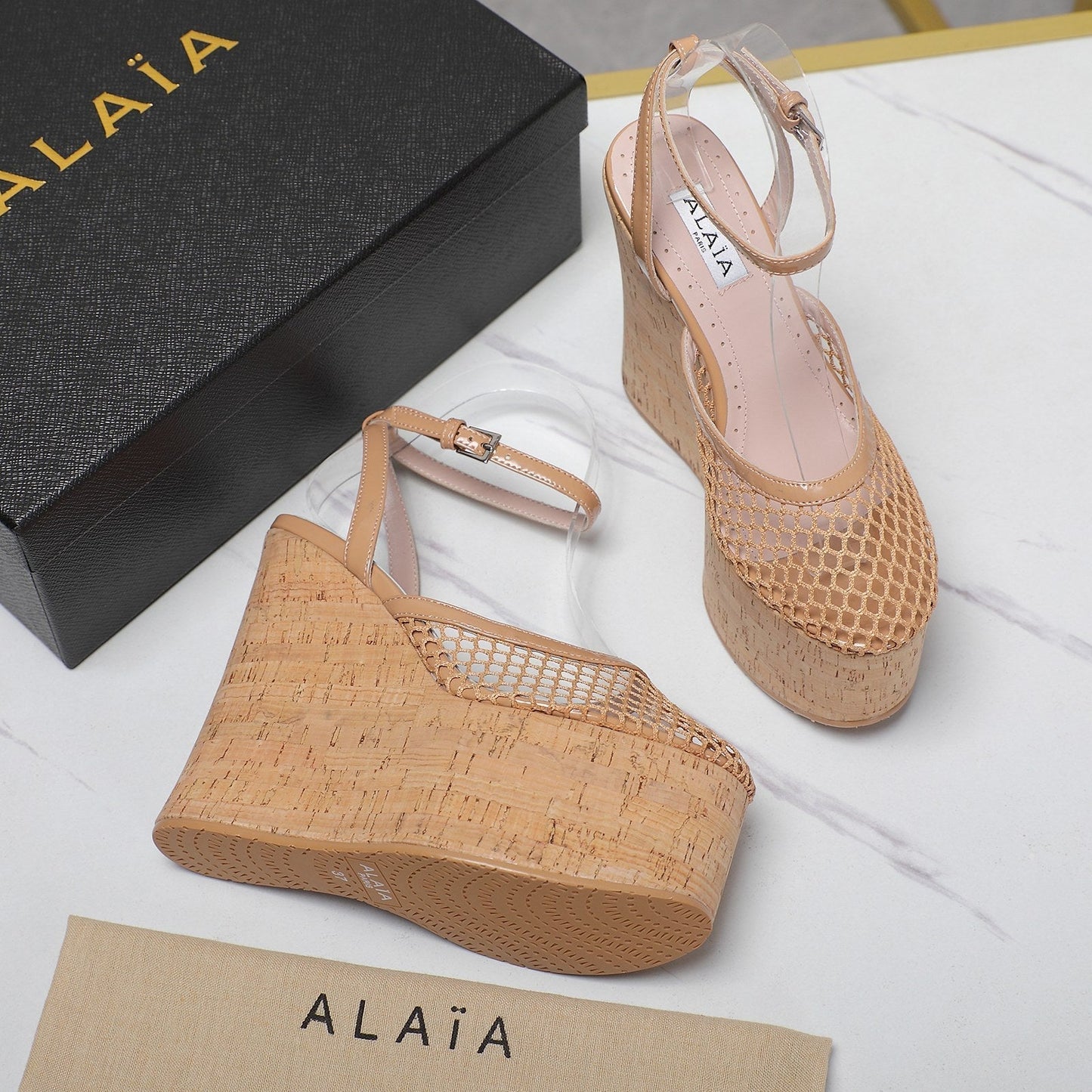 ALAIA WEDGE SANDAL IN FRENCH BEIGE MESH AND BEIGE RUBBER - 35