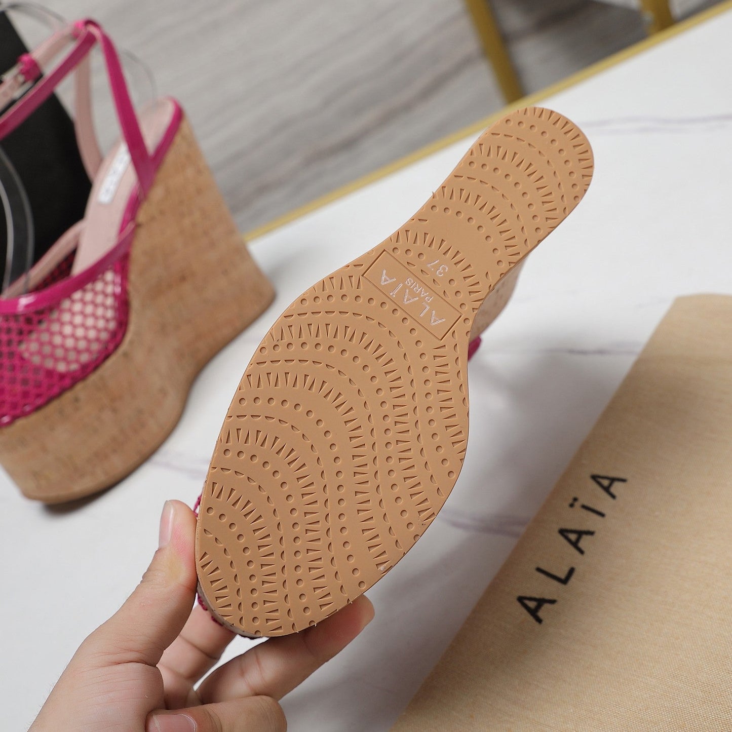 ALAIA WEDGE SANDAL IN BARBIE PINK MESH AND BEIGE RUBBER - 35