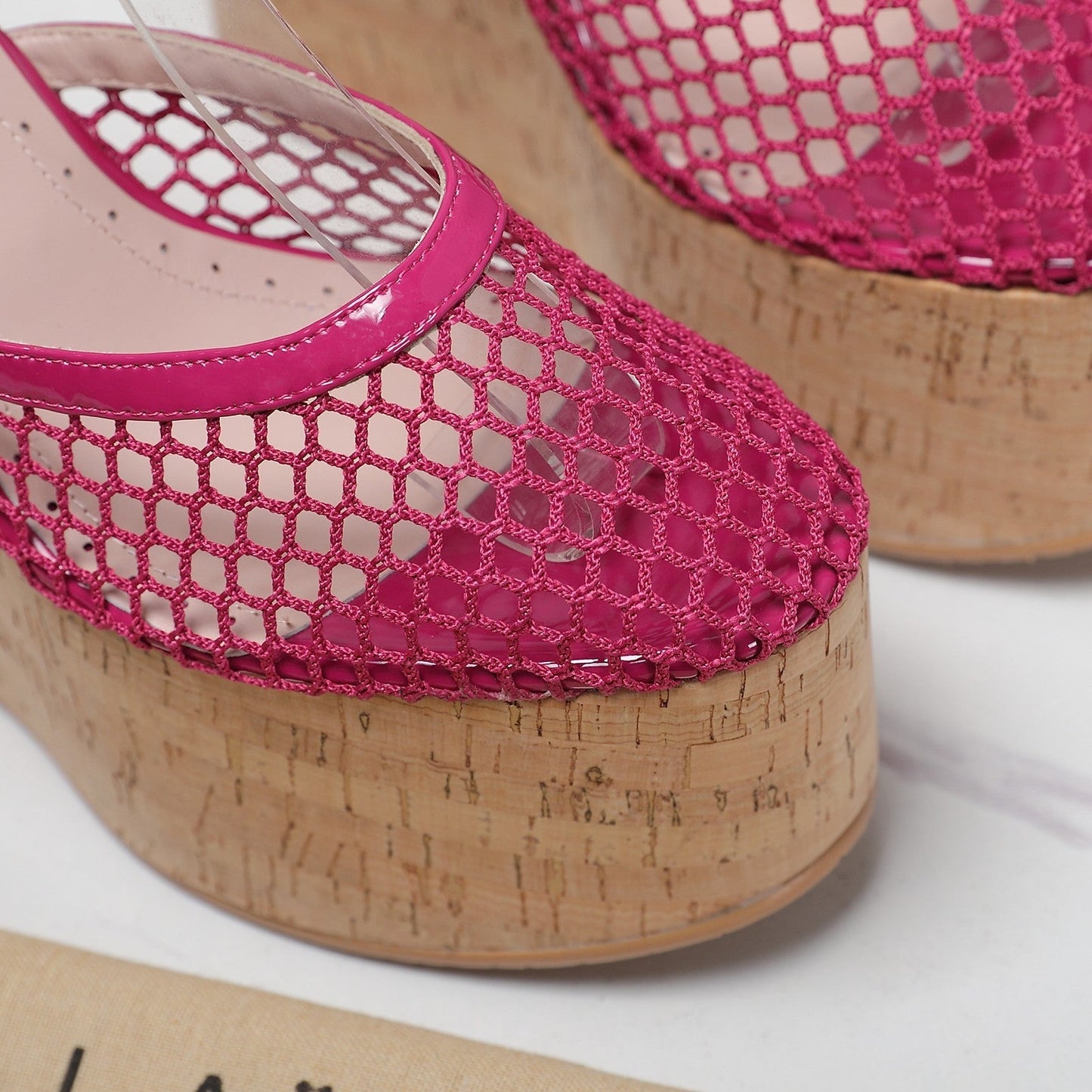 ALAIA WEDGE SANDAL IN BARBIE PINK MESH AND BEIGE RUBBER - 35