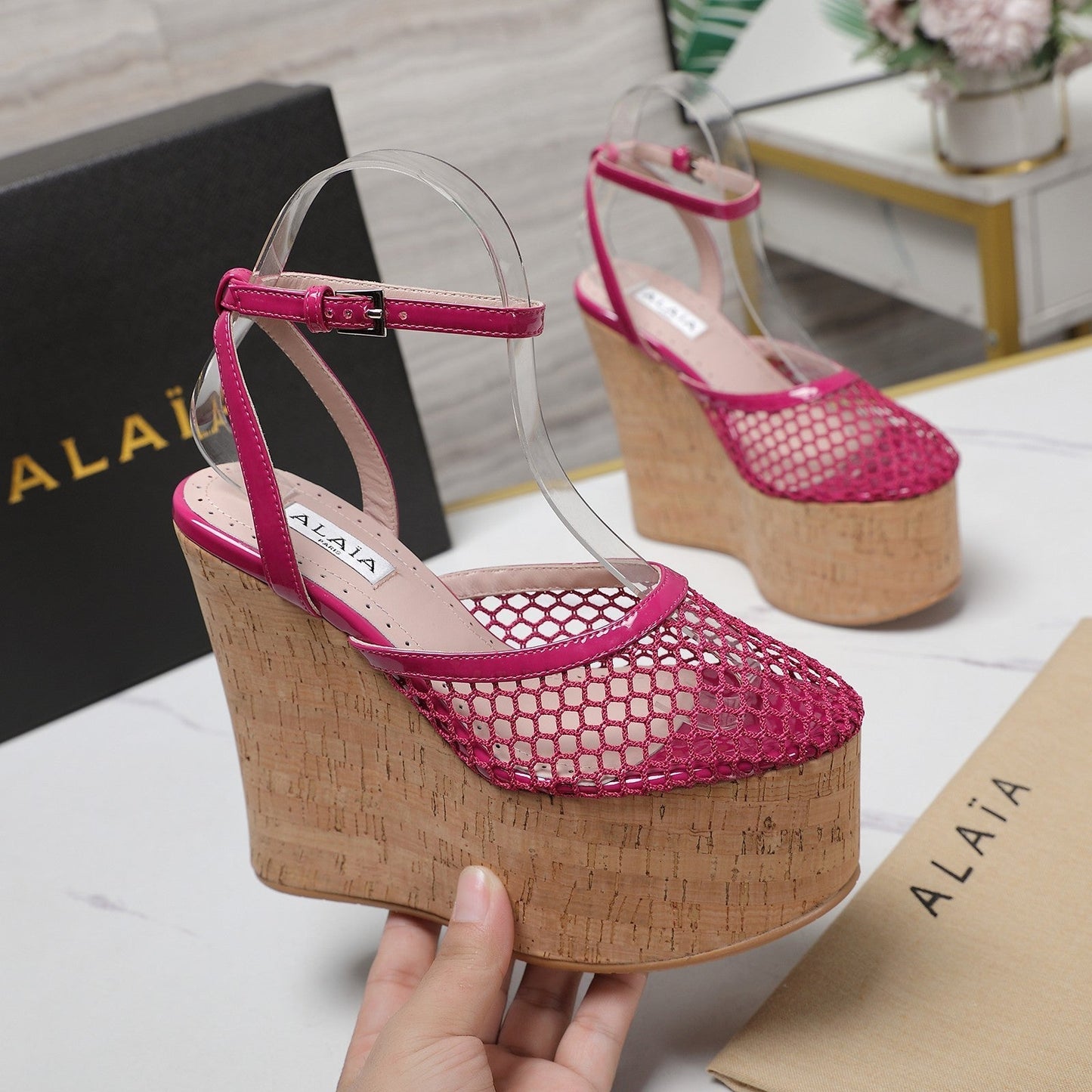 ALAIA WEDGE SANDAL IN BARBIE PINK MESH AND BEIGE RUBBER - 35