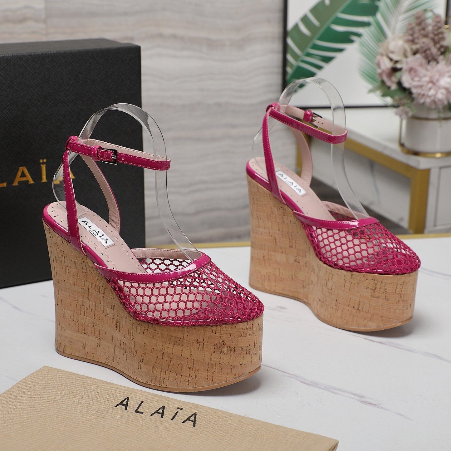 ALAIA WEDGE SANDAL IN BARBIE PINK MESH AND BEIGE RUBBER - 35