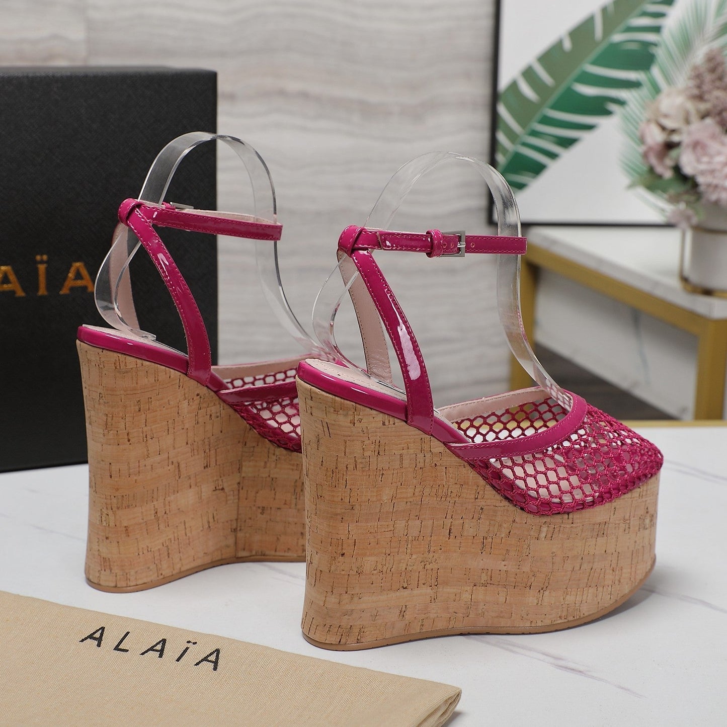 ALAIA WEDGE SANDAL IN BARBIE PINK MESH AND BEIGE RUBBER - 35