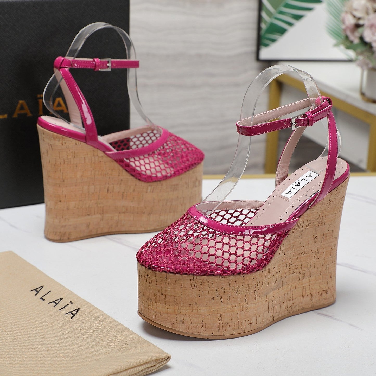 ALAIA WEDGE SANDAL IN BARBIE PINK MESH AND BEIGE RUBBER - 35