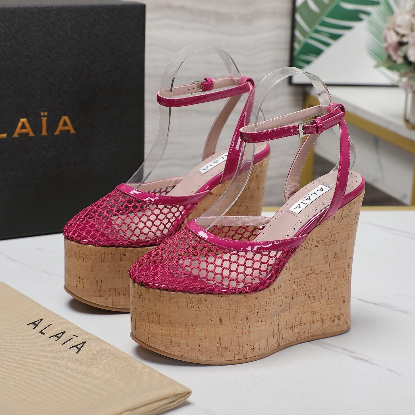 ALAIA WEDGE SANDAL IN BARBIE PINK MESH AND BEIGE RUBBER - 35