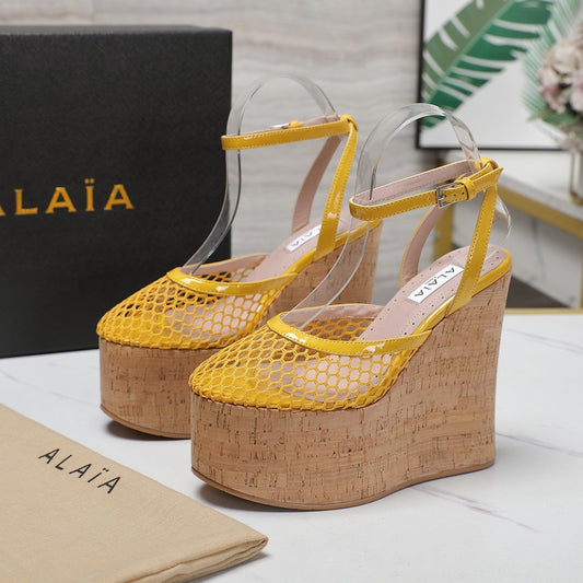 ALAIA WEDGE SANDAL IN YELLOW MESH AND BEIGE RUBBER - 35