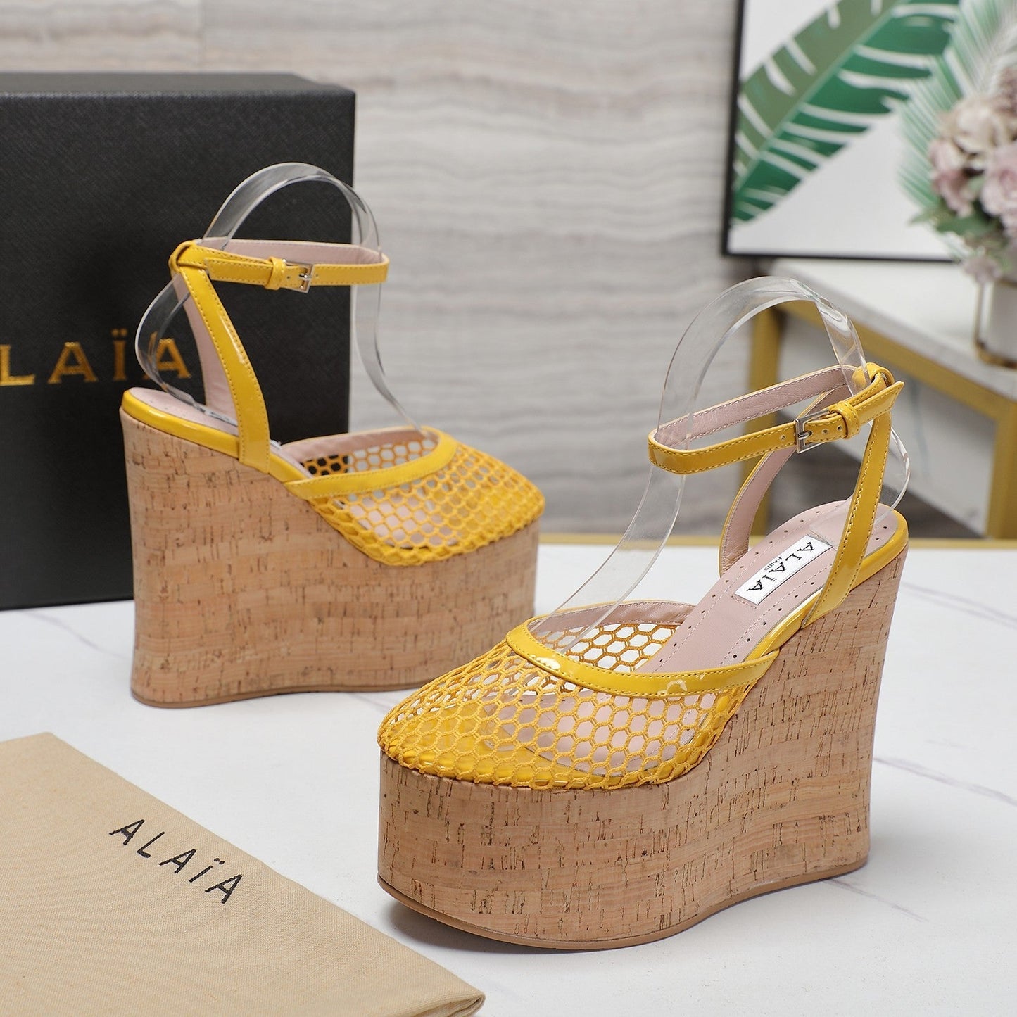 ALAIA WEDGE SANDAL IN YELLOW MESH AND BEIGE RUBBER - 35