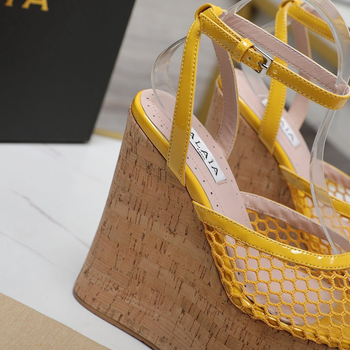 ALAIA WEDGE SANDAL IN YELLOW MESH AND BEIGE RUBBER - 35