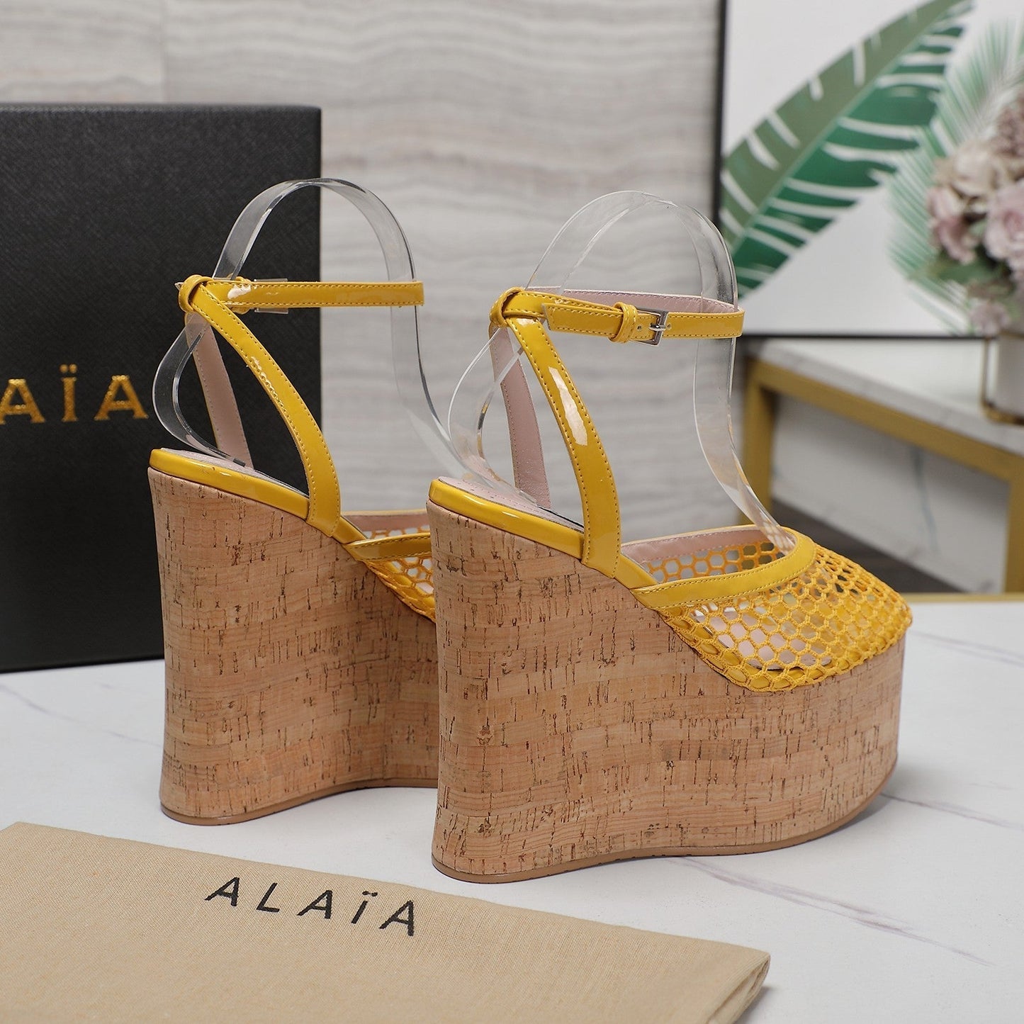 ALAIA WEDGE SANDAL IN YELLOW MESH AND BEIGE RUBBER - 35
