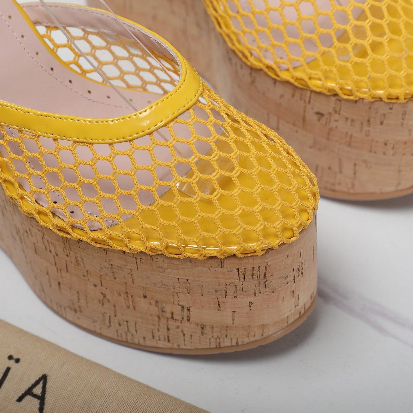 ALAIA WEDGE SANDAL IN YELLOW MESH AND BEIGE RUBBER - 35