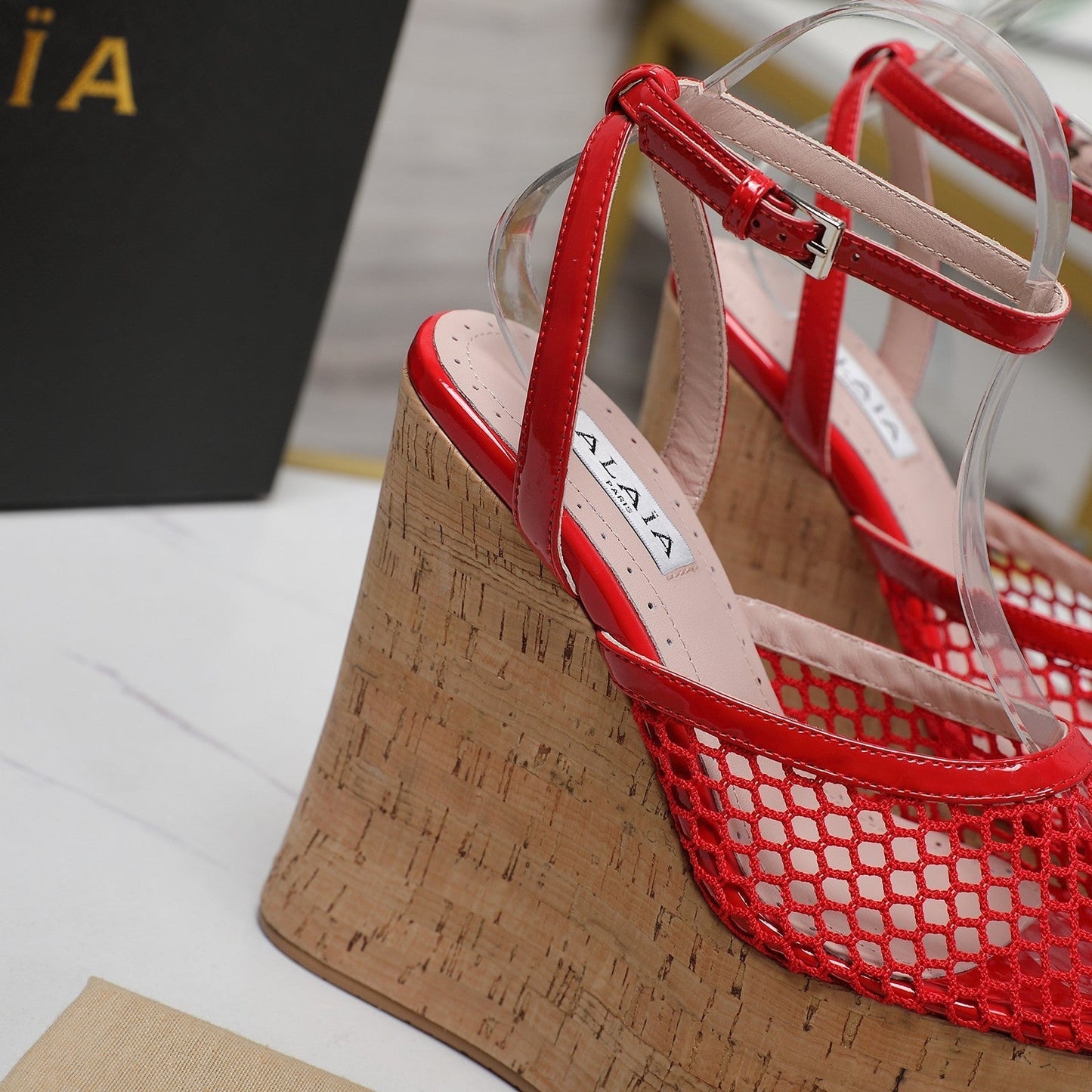 ALAIA WEDGE SANDAL IN CHERRY RED MESH AND BEIGE RUBBER - 35