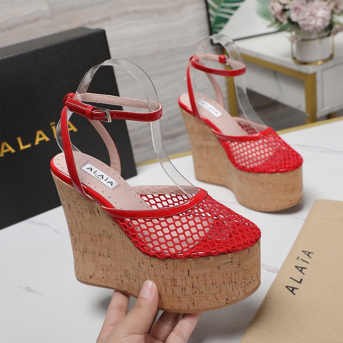 ALAIA WEDGE SANDAL IN CHERRY RED MESH AND BEIGE RUBBER - 35