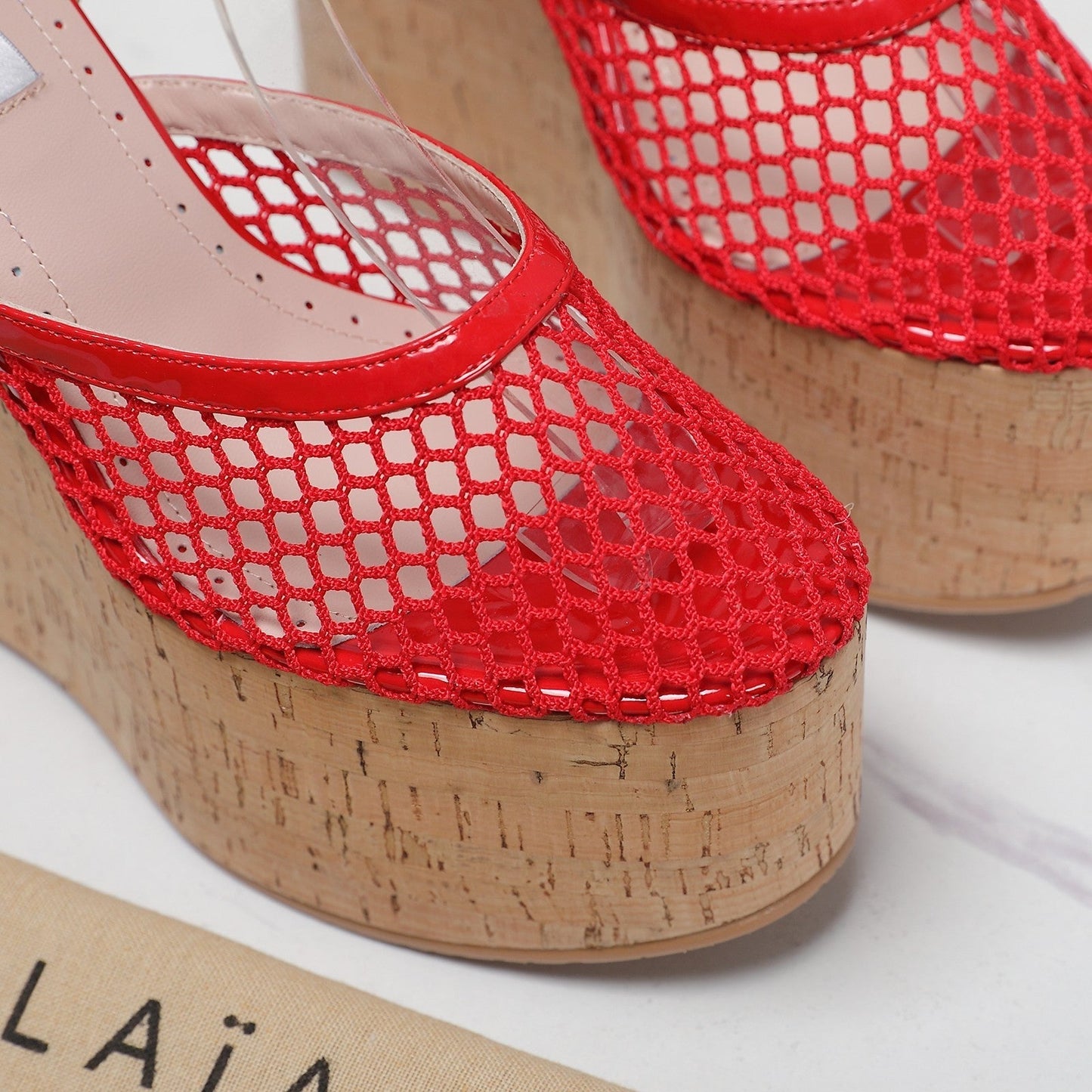 ALAIA WEDGE SANDAL IN CHERRY RED MESH AND BEIGE RUBBER - 35