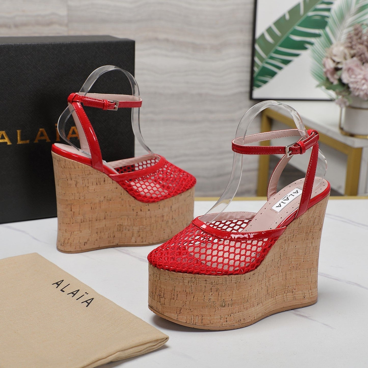 ALAIA WEDGE SANDAL IN CHERRY RED MESH AND BEIGE RUBBER - 35