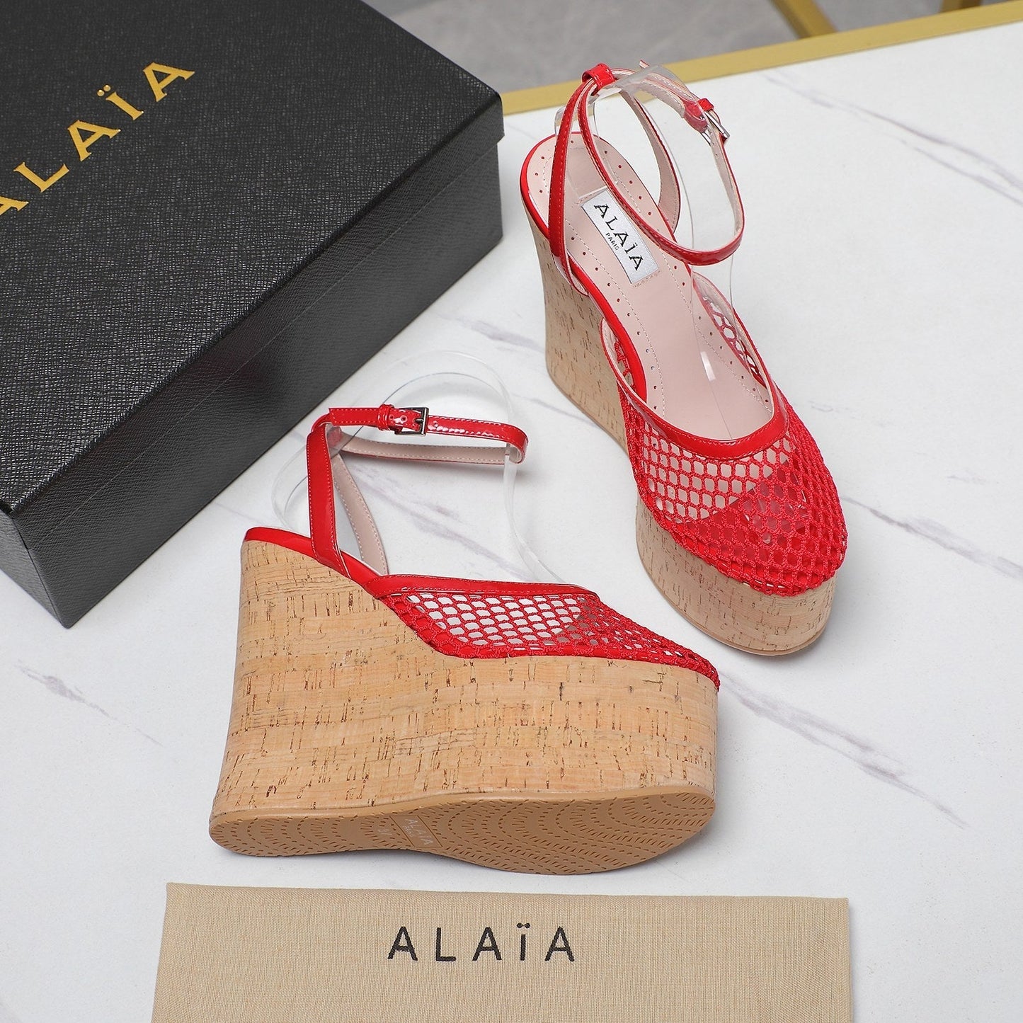 ALAIA WEDGE SANDAL IN CHERRY RED MESH AND BEIGE RUBBER - 35